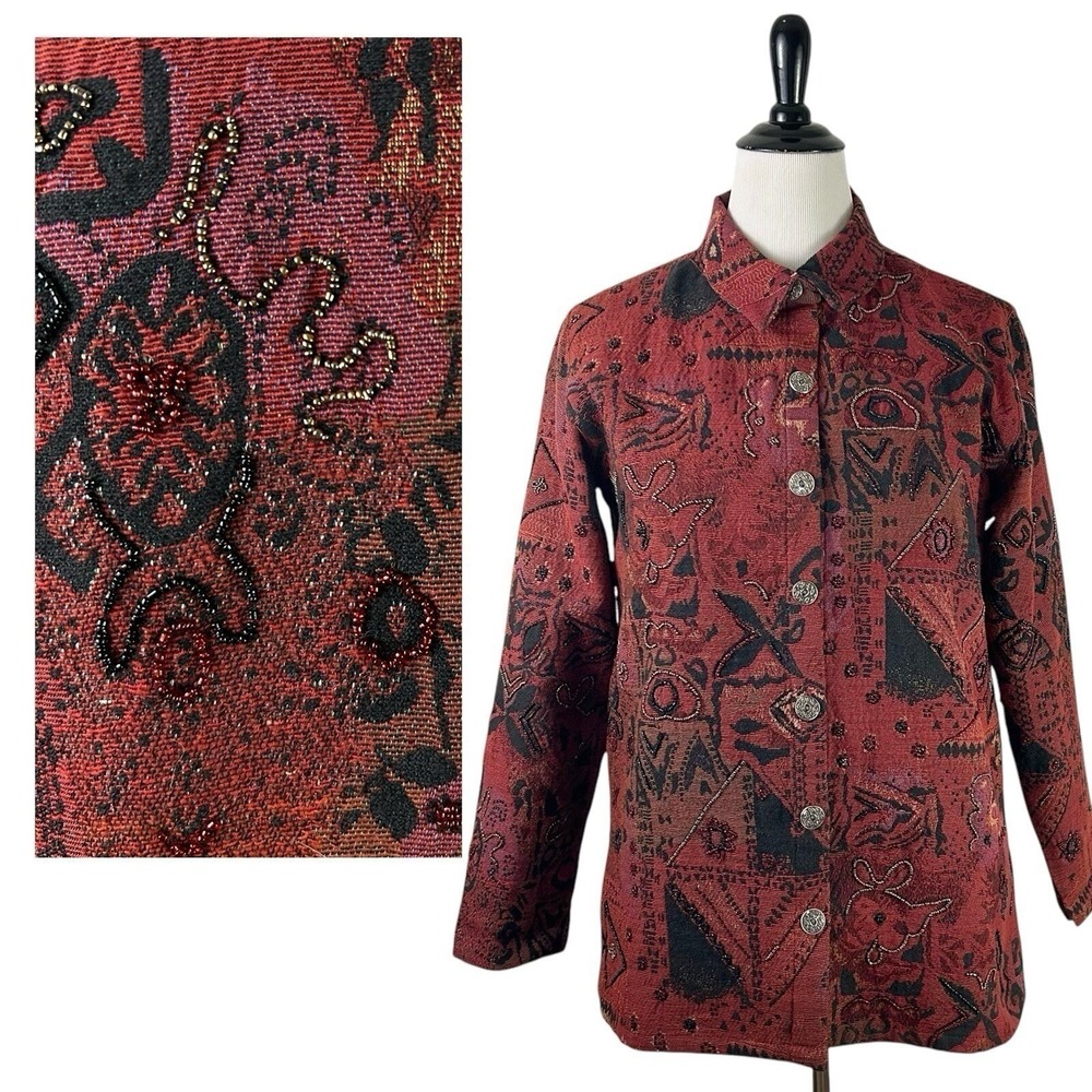 CHICO'S Beaded Tapestry JACKET 2 L 12 Red Jacquard Old Money Artsy Statement